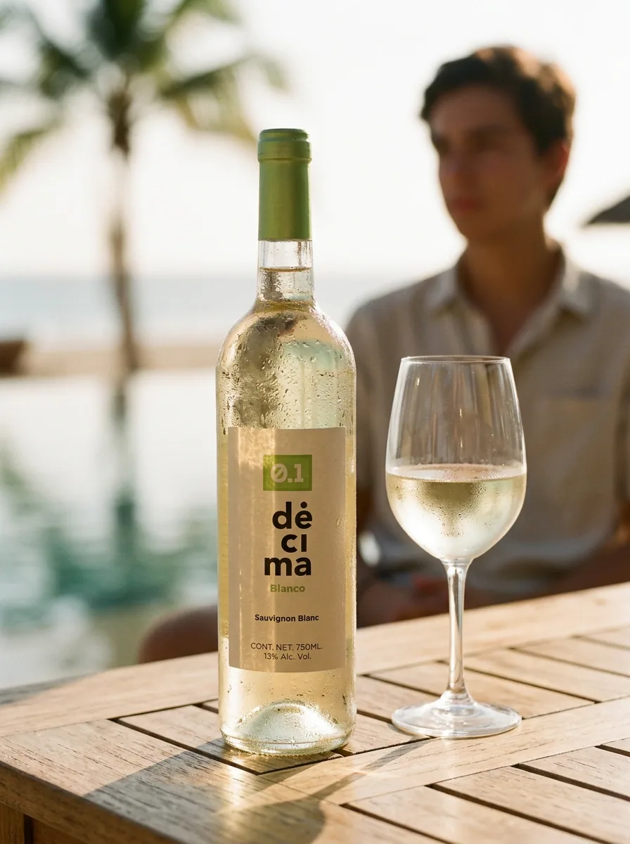 A bottle of DÉCIMA Blanco and a glass on a poolside table, palm trees and the sea in the background on a bright day