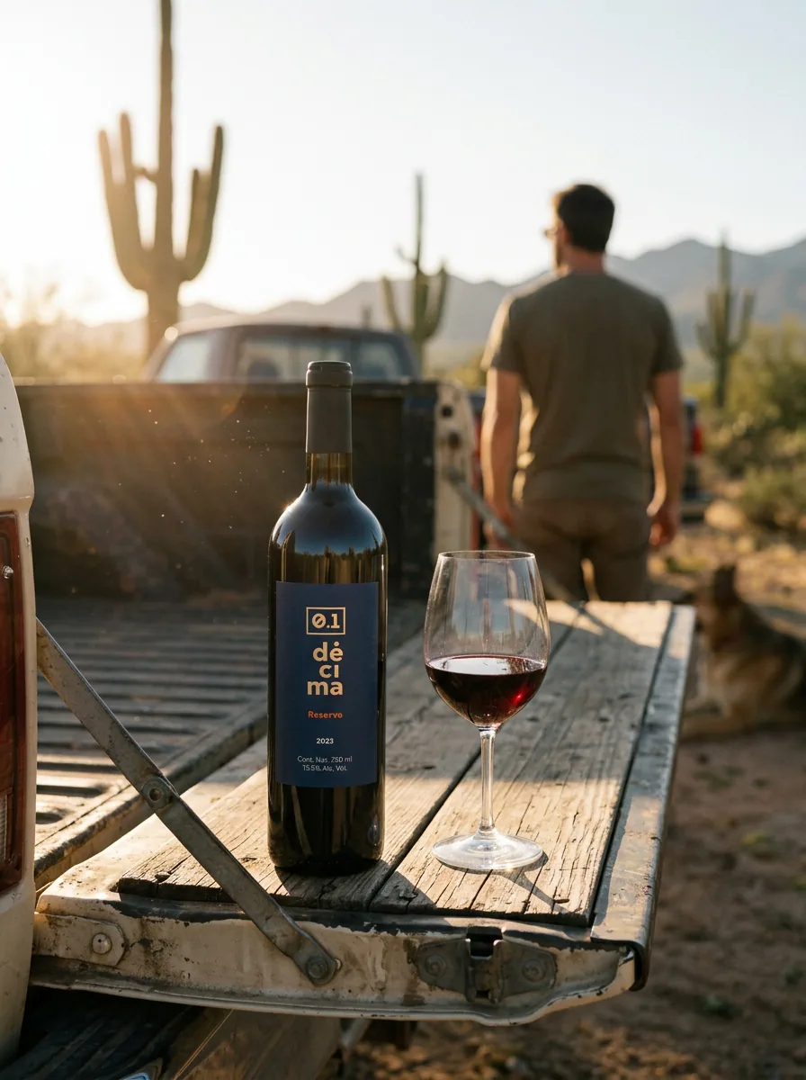 A bottle of DÉCIMA Reserva and a glass on a pickup truck tailgate, on a desert road trip at sunset